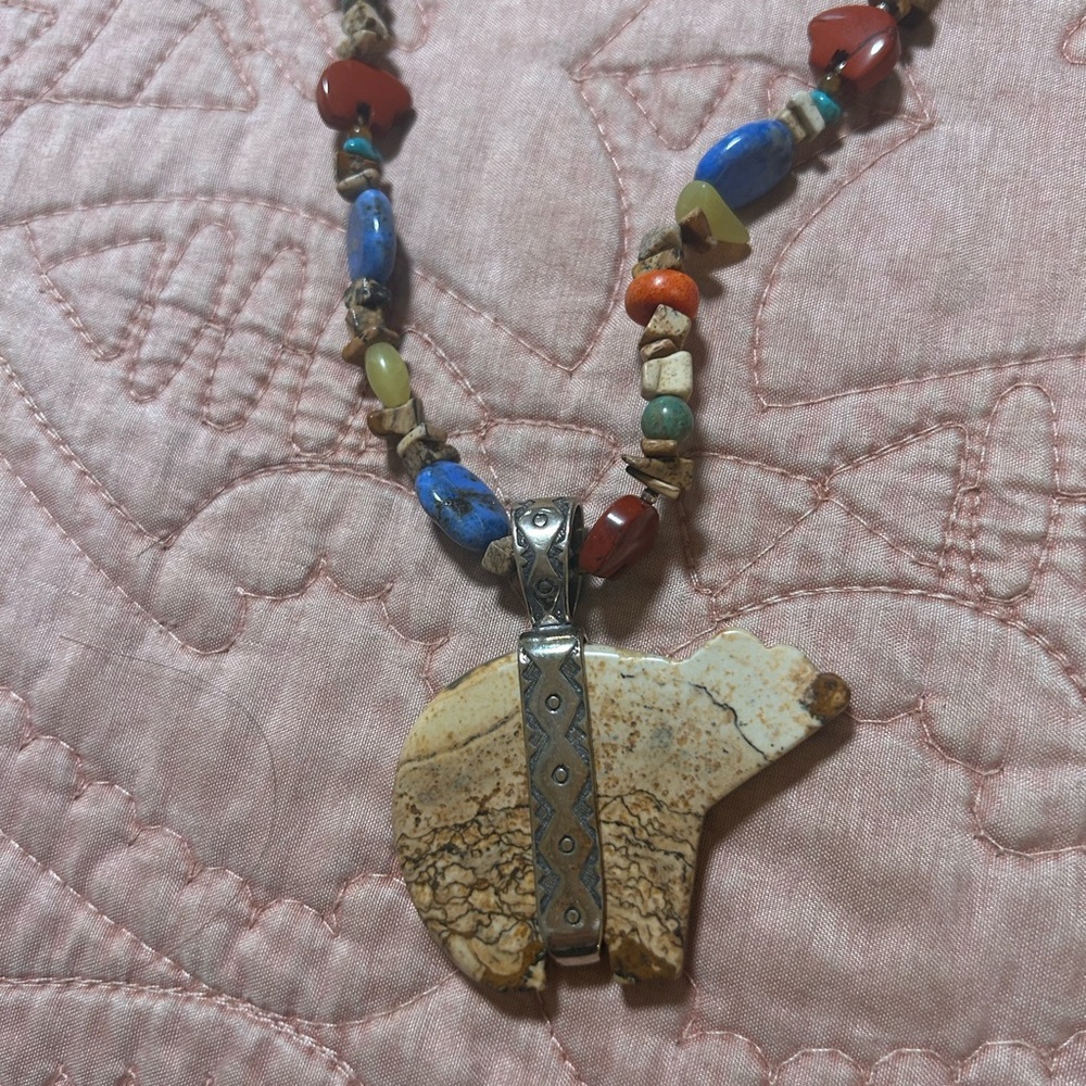 Southwestern Sterling Multi-Gemstone Bear Pendant Necklace - Picture 4 of 4